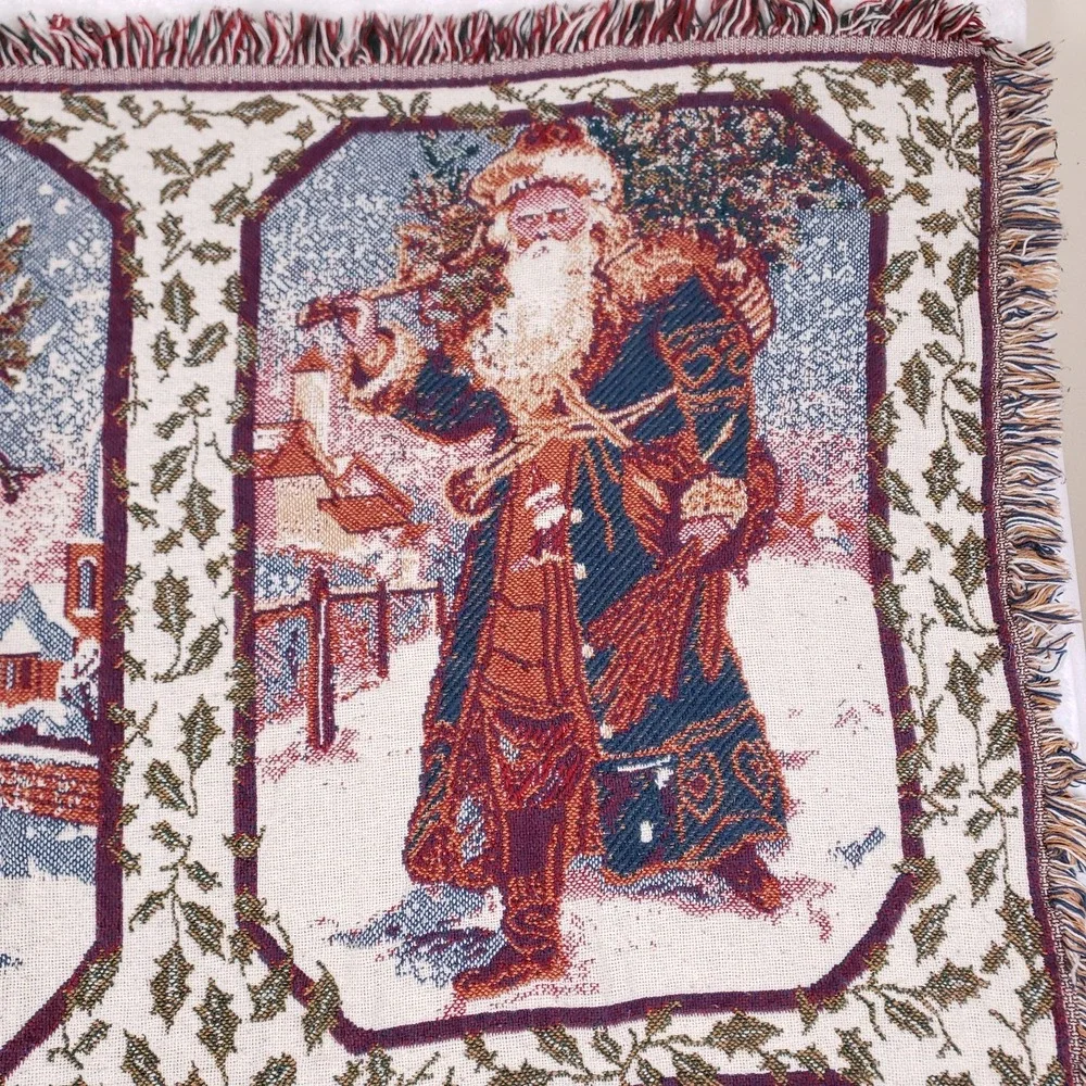Christmas Santa Tapestry Throw Blanket Woven Fringe Holiday Victorian‎ 46x54